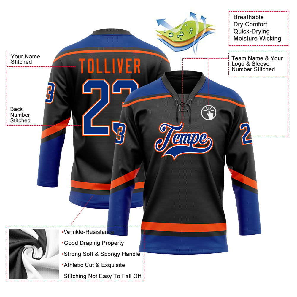 Custom Black Royal-Orange Hockey Lace Neck Jersey view 3