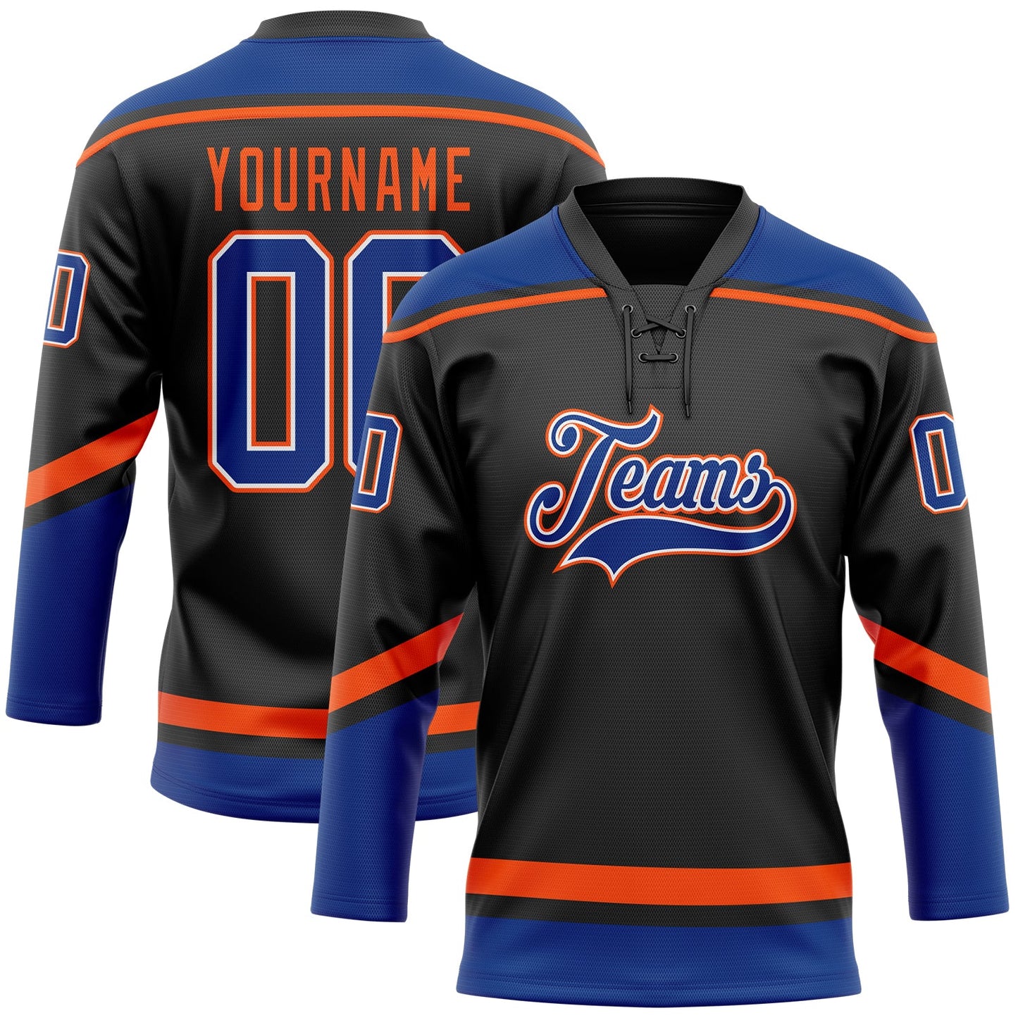 Custom Black Royal-Orange Hockey Lace Neck Jersey - Main View