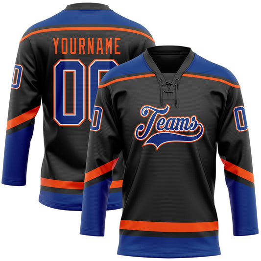 Custom Black Royal-Orange Hockey Lace Neck Jersey - Main View