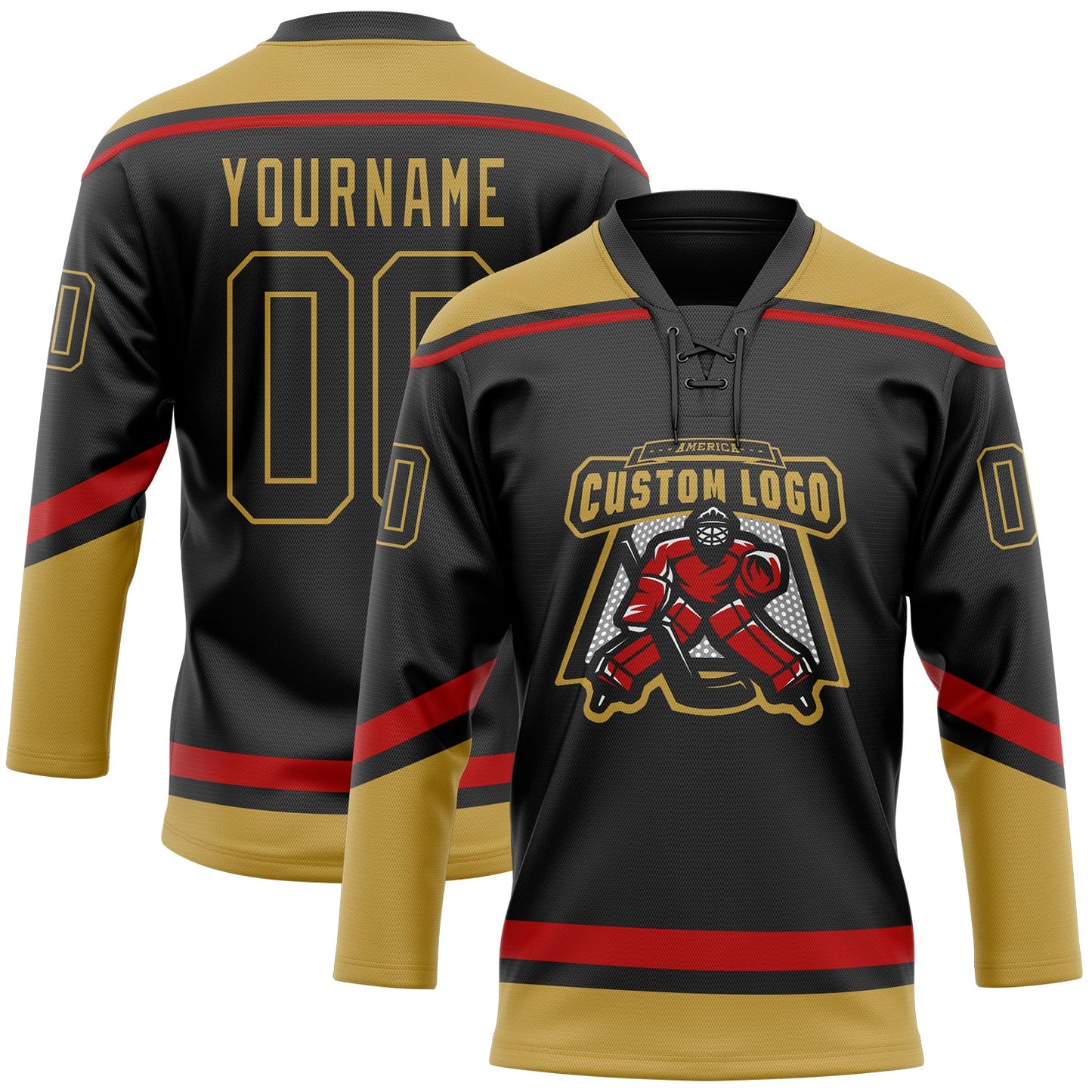 Custom Black Old Gold-Red Hockey Lace Neck Jersey view 2