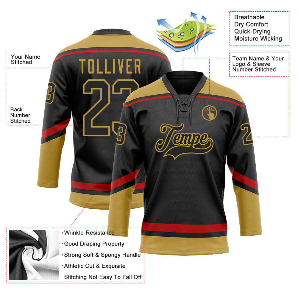 Custom Black Old Gold-Red Hockey Lace Neck Jersey view 3