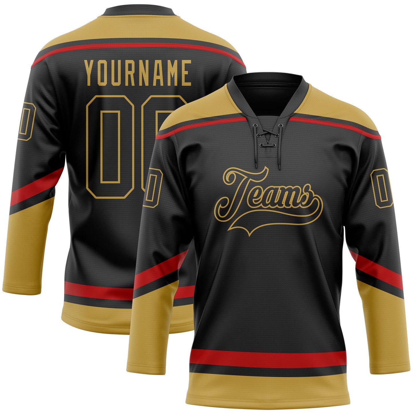 Custom Black Old Gold-Red Hockey Lace Neck Jersey - Main View