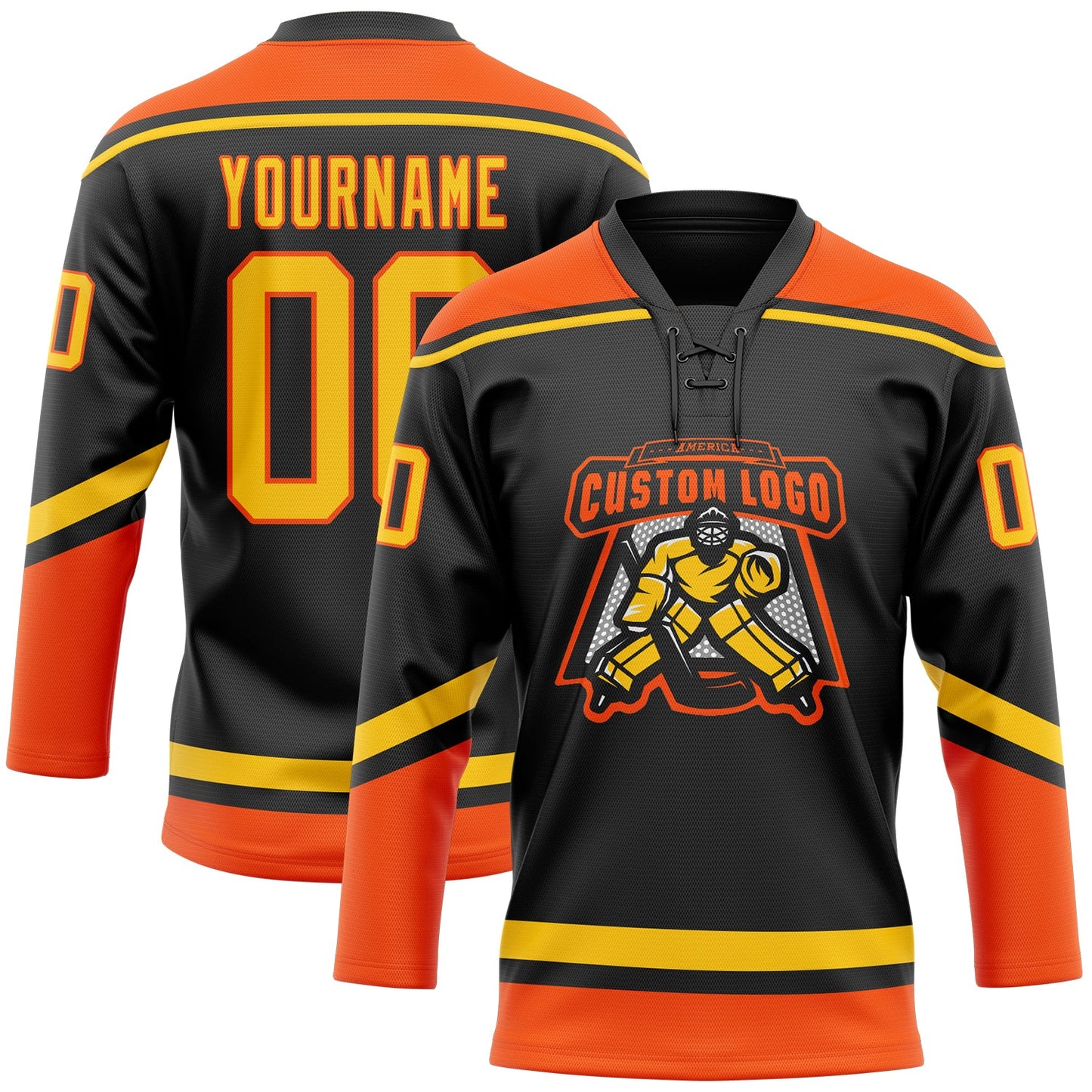 Custom Black Yellow-Orange Hockey Lace Neck Jersey view 2