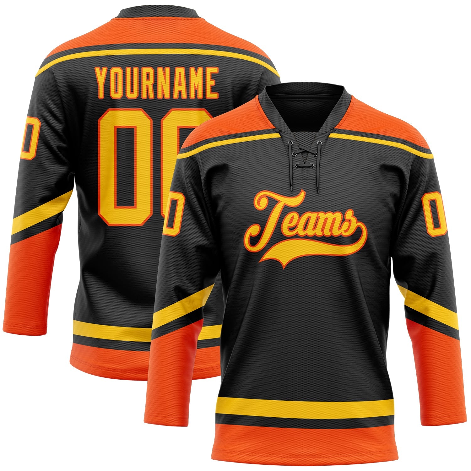 Custom Black Yellow-Orange Hockey Lace Neck Jersey - Main View