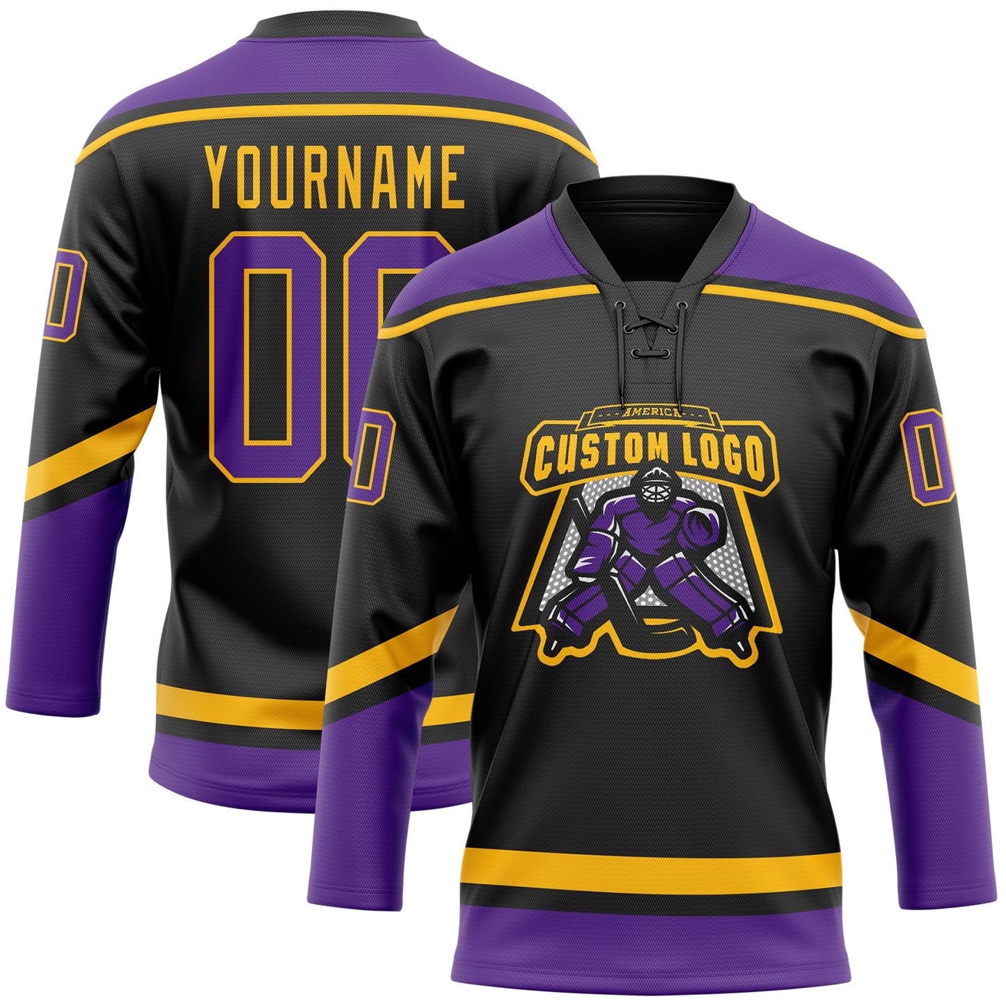Custom Black Purple-Gold Hockey Lace Neck Jersey view 2