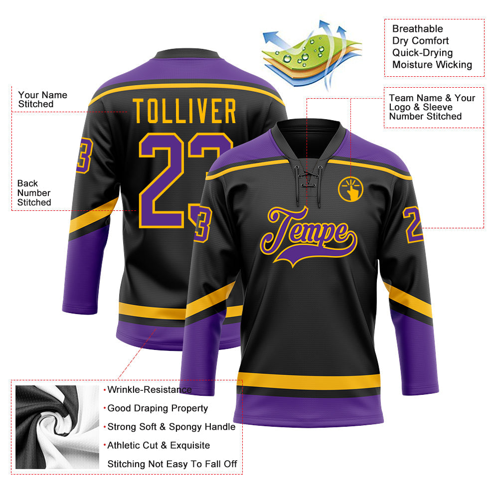 Custom Black Purple-Gold Hockey Lace Neck Jersey view 3