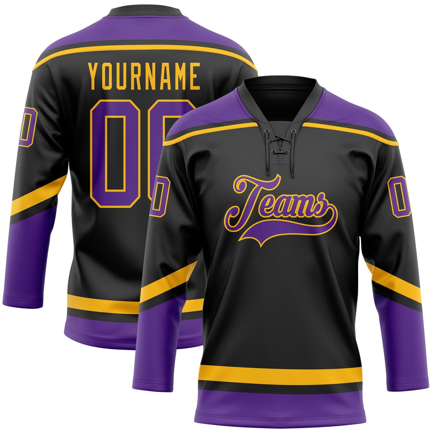 Custom Black Purple-Gold Hockey Lace Neck Jersey - Main View