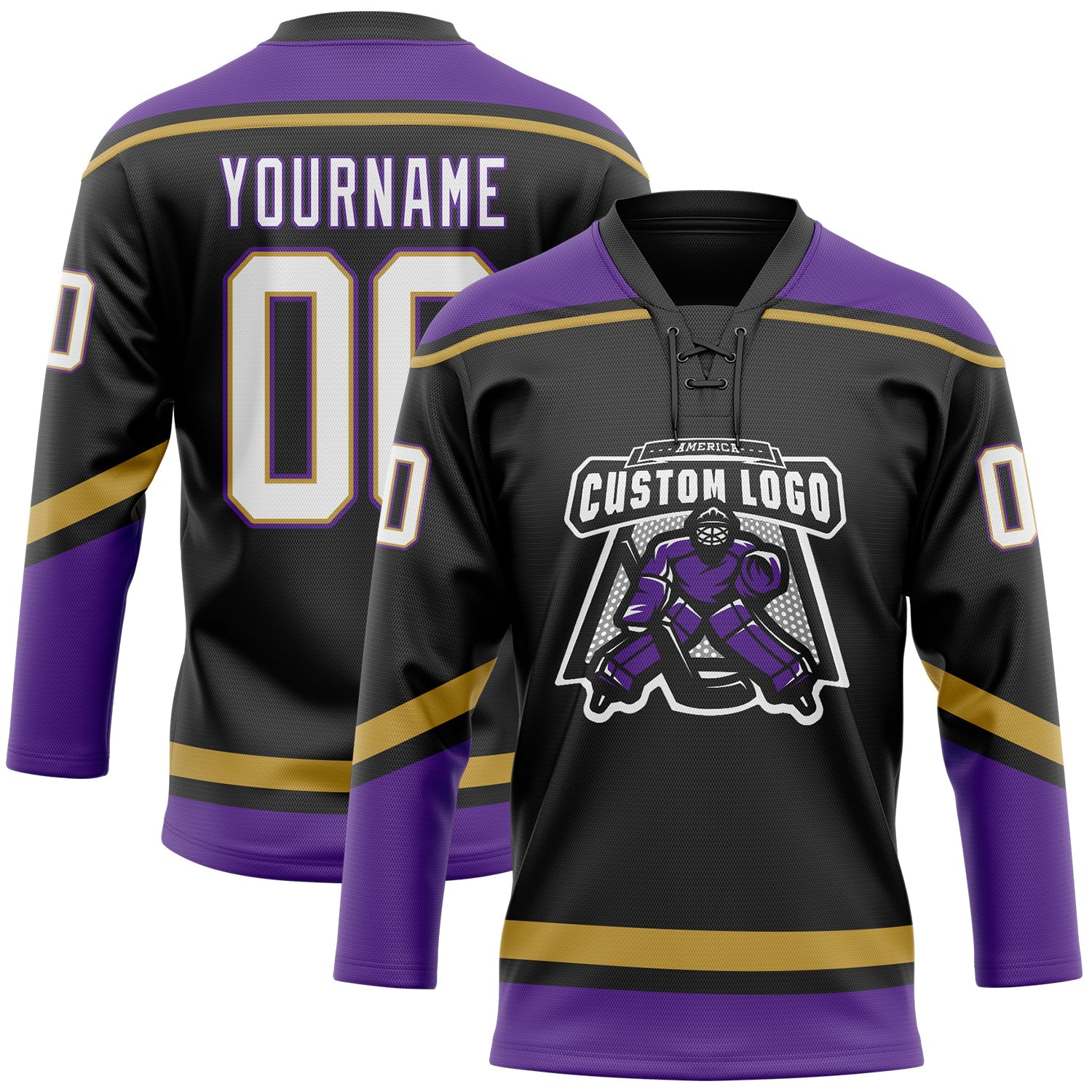 Custom Black White Old Gold-Purple Hockey Lace Neck Jersey view 2