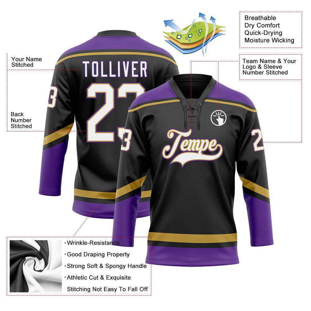 Custom Black White Old Gold-Purple Hockey Lace Neck Jersey view 3