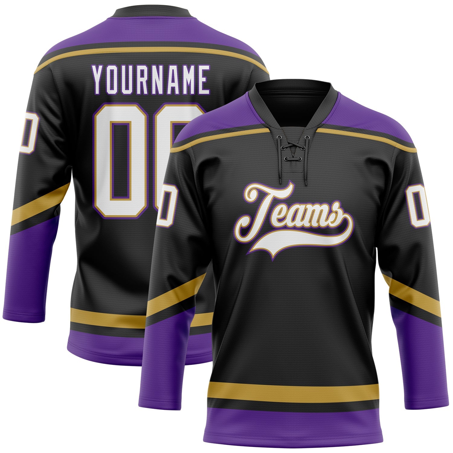 Custom Black White Old Gold-Purple Hockey Lace Neck Jersey - Main View