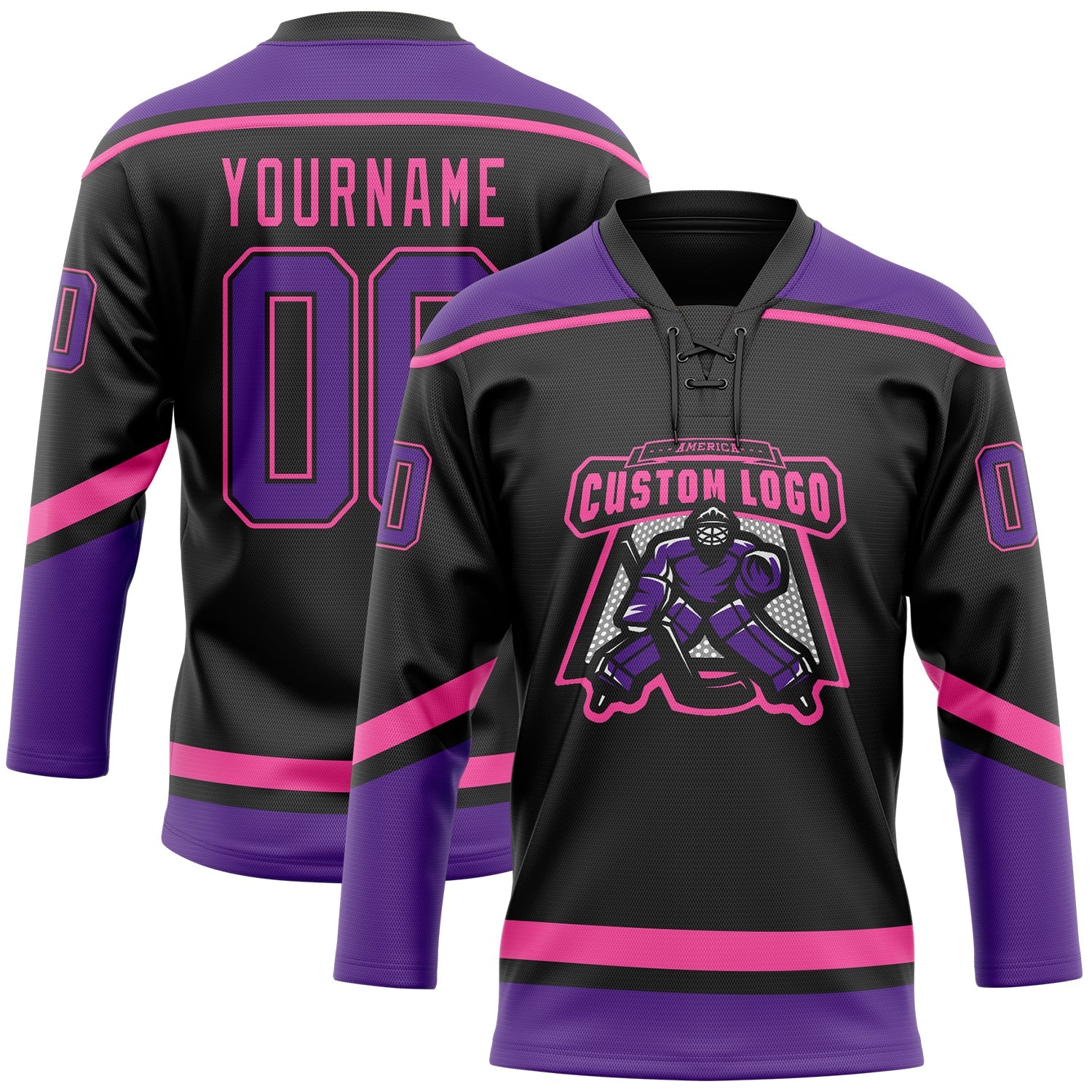 Custom Black Purple-Pink Hockey Lace Neck Jersey view 2