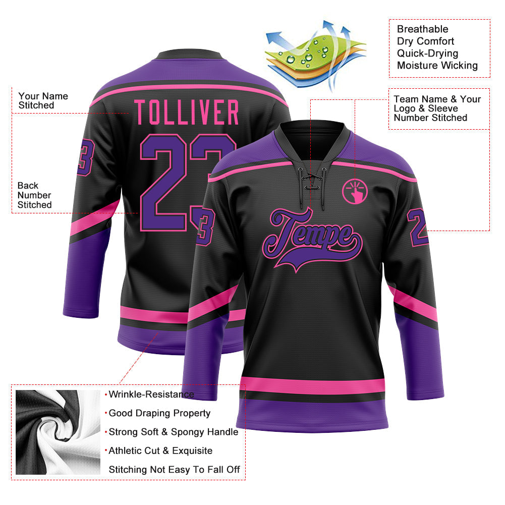 Custom Black Purple-Pink Hockey Lace Neck Jersey view 3