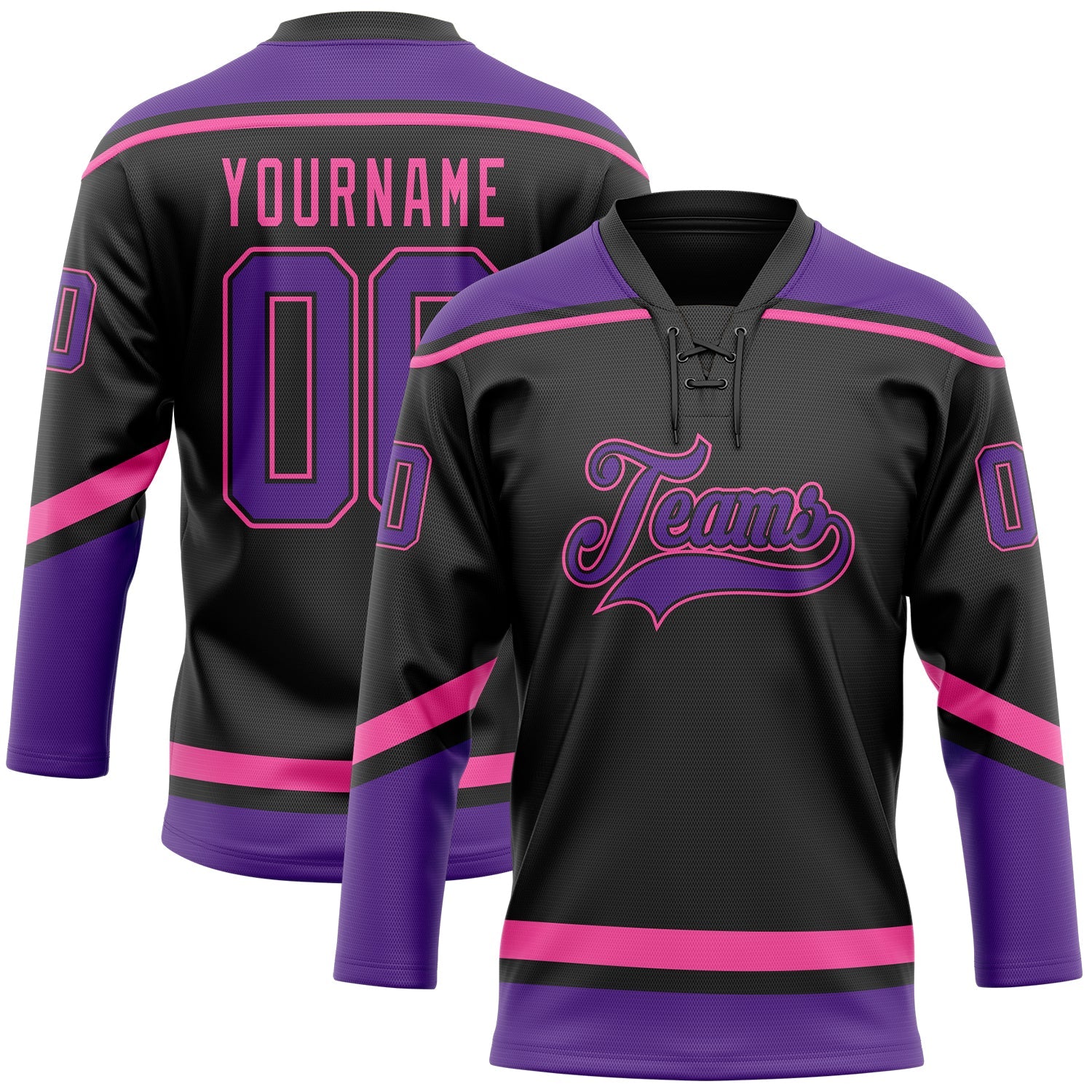 Custom Black Purple-Pink Hockey Lace Neck Jersey - Main View