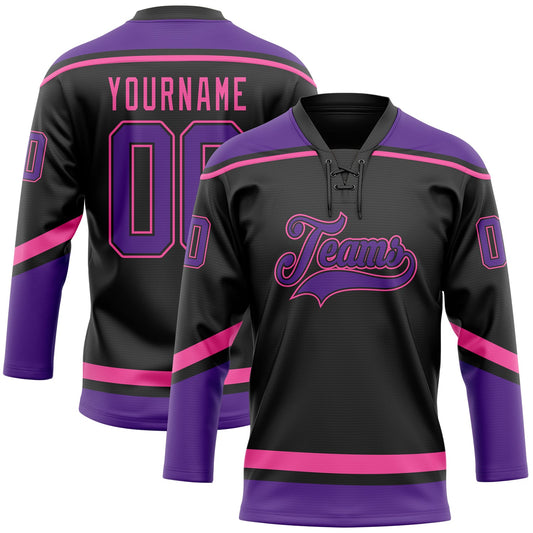 Custom Black Purple-Pink Hockey Lace Neck Jersey - Main View