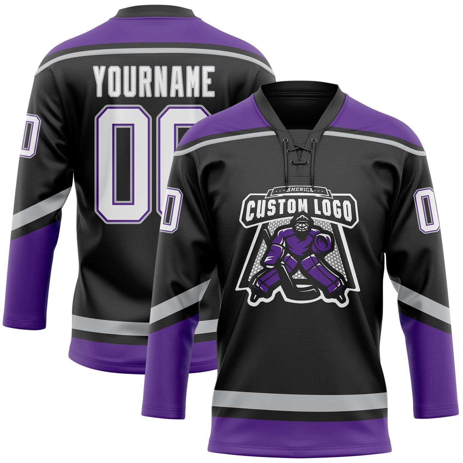 Custom Black White Purple-Gray Hockey Lace Neck Jersey view 2