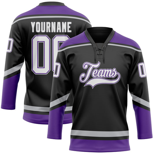 Custom Black White Purple-Gray Hockey Lace Neck Jersey - Main View