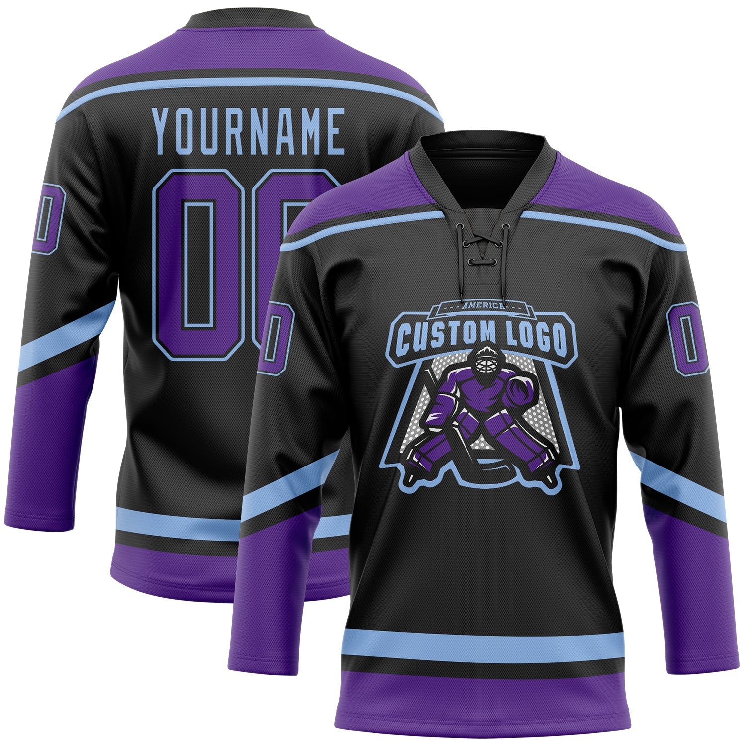 Custom Black Purple-Light Blue Hockey Lace Neck Jersey view 2
