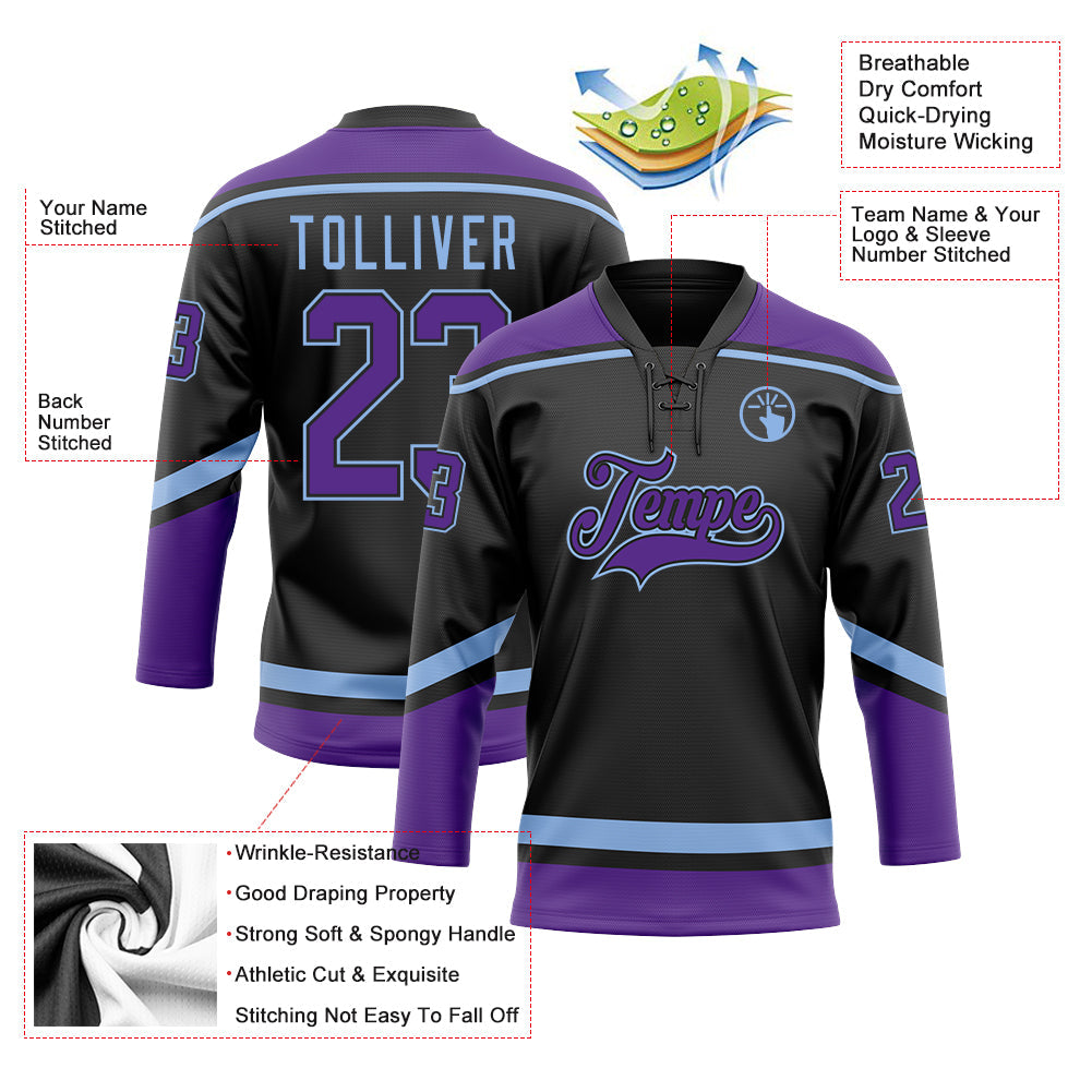 Custom Black Purple-Light Blue Hockey Lace Neck Jersey view 3