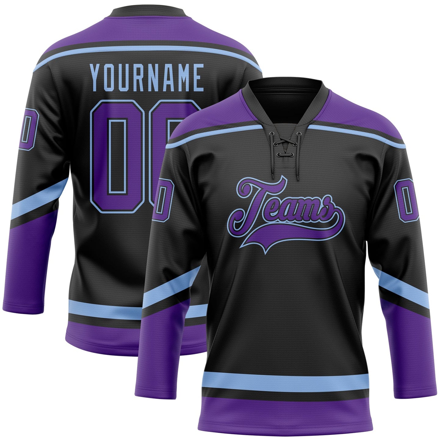 Custom Black Purple-Light Blue Hockey Lace Neck Jersey - Main View