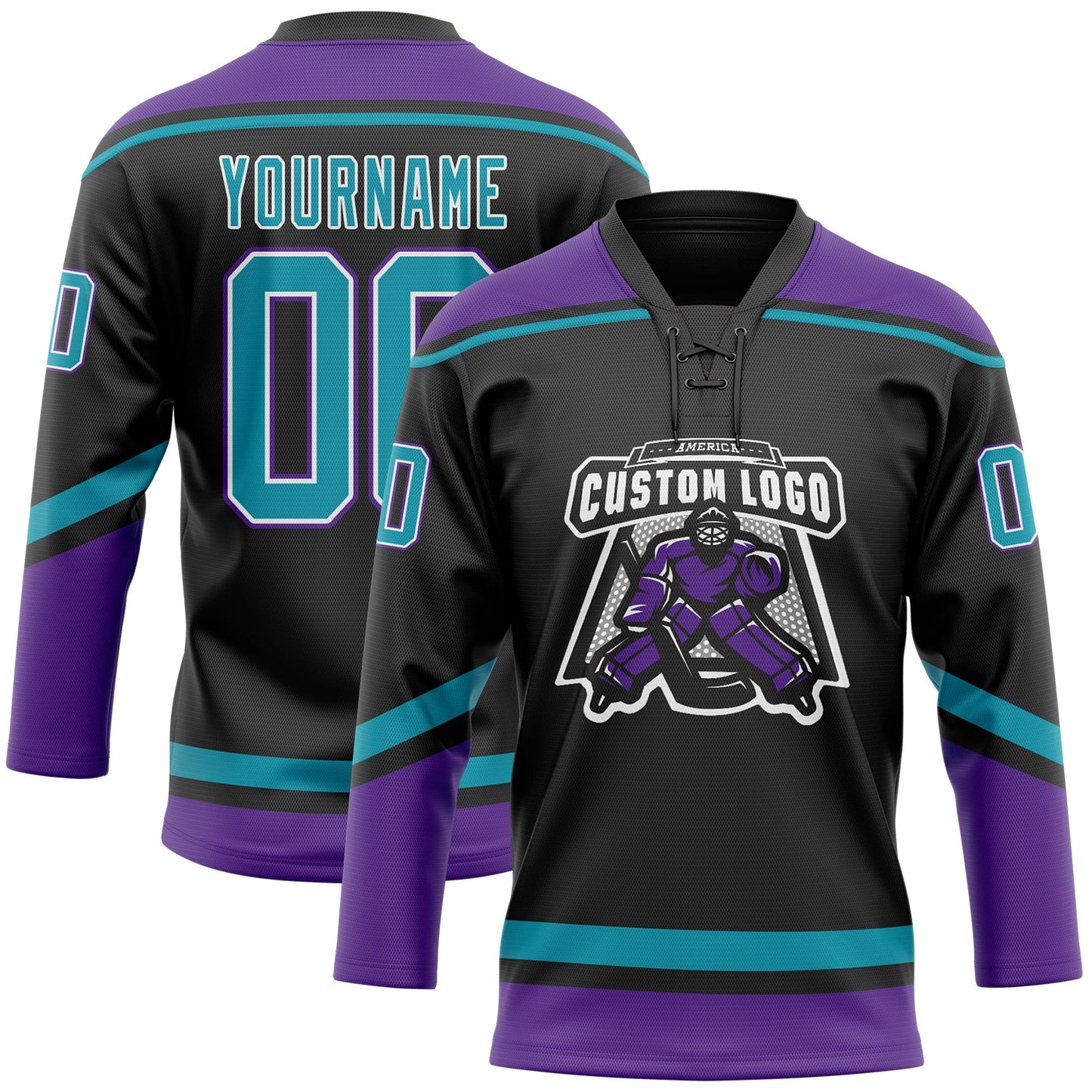 Custom Black Teal-White Hockey Lace Neck Jersey view 2