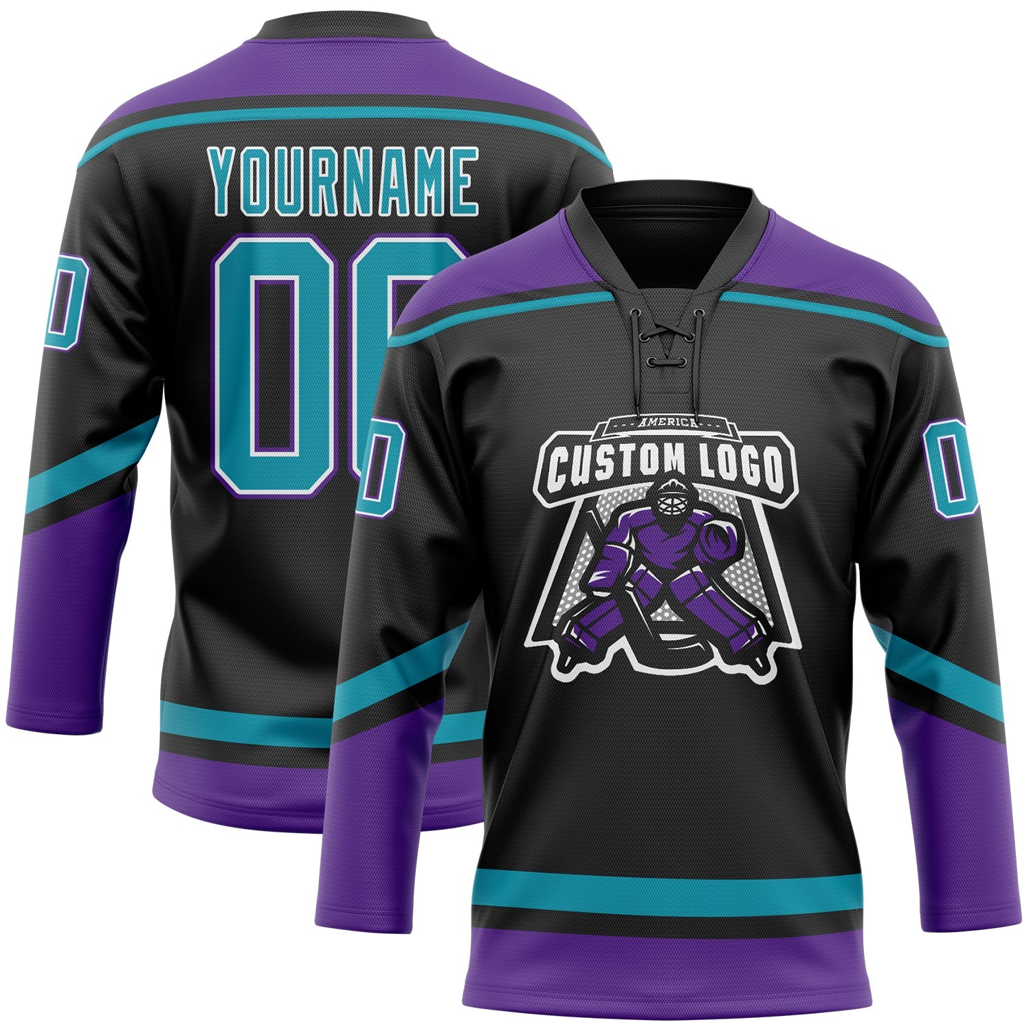 Custom Black Teal-White Hockey Lace Neck Jersey view 2
