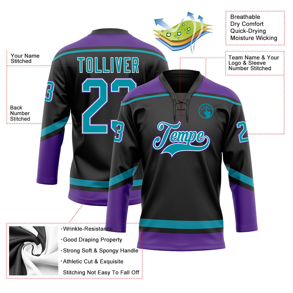 Custom Black Teal-White Hockey Lace Neck Jersey view 3