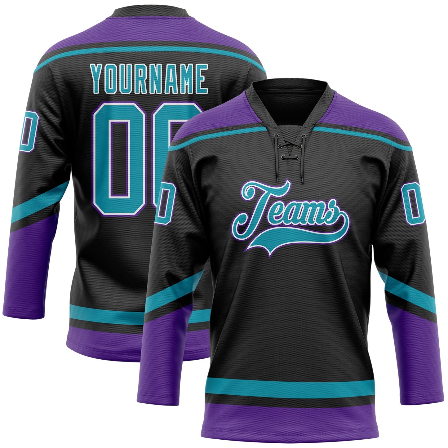 Custom Black Teal-White Hockey Lace Neck Jersey - Main View