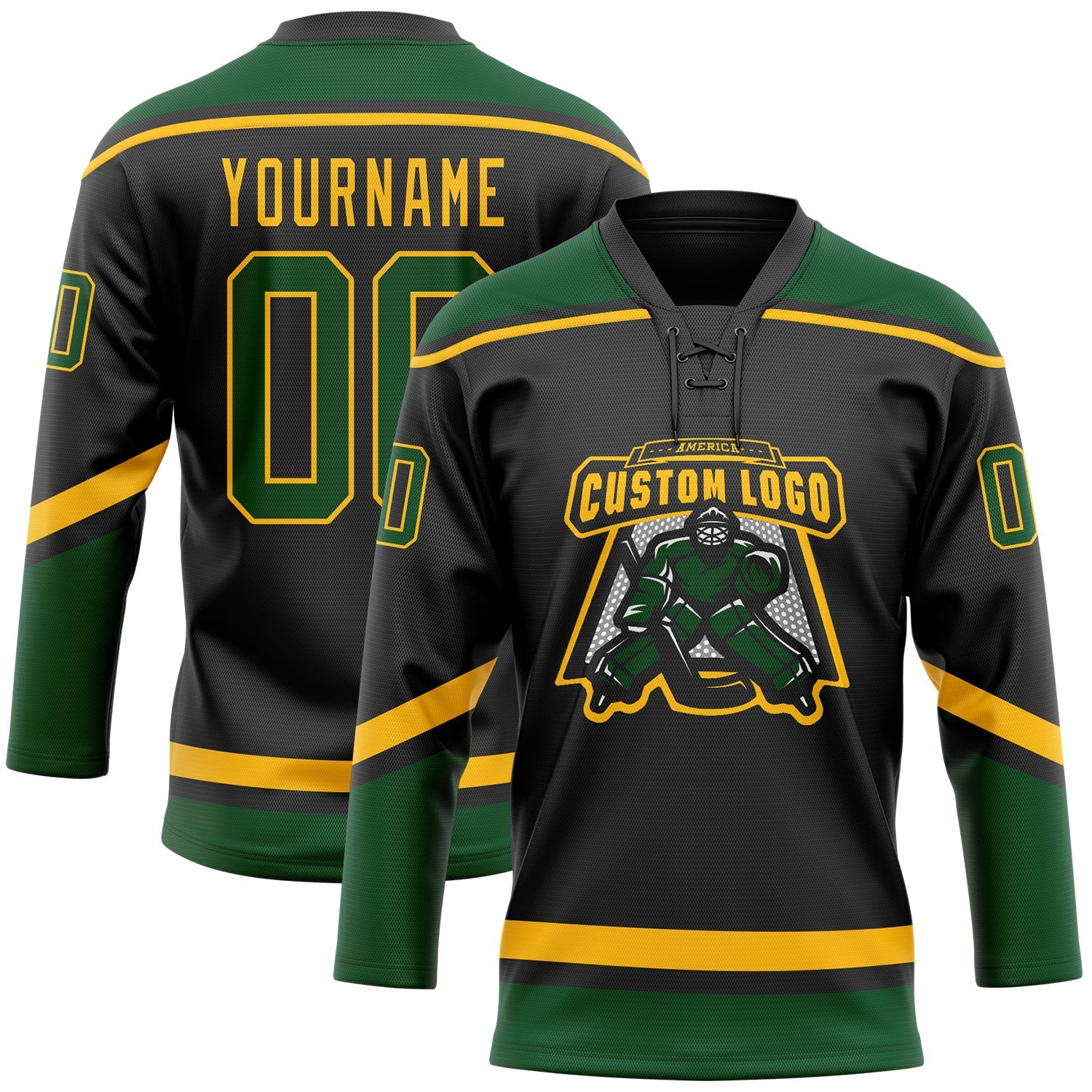 Custom Black Green-Gold Hockey Lace Neck Jersey view 2