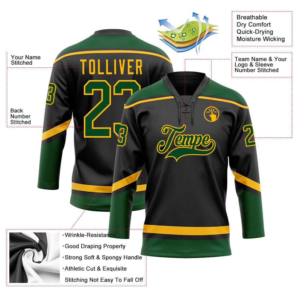 Custom Black Green-Gold Hockey Lace Neck Jersey view 3