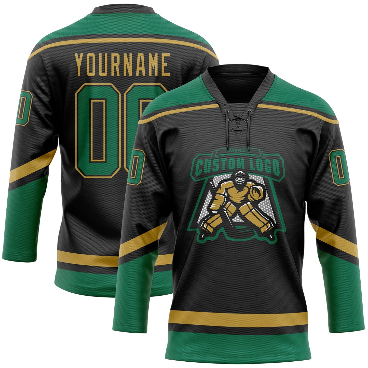 Custom Black Kelly Green-Old Gold Hockey Lace Neck Jersey view 2