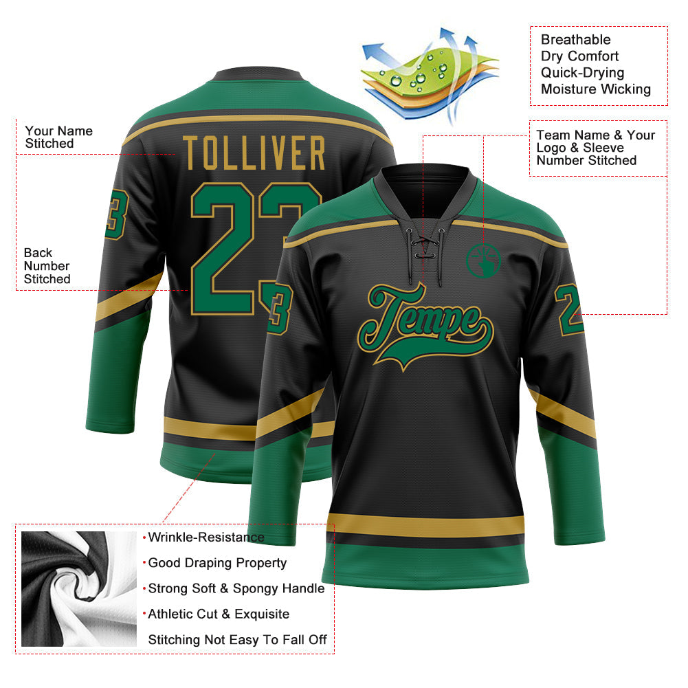 Custom Black Kelly Green-Old Gold Hockey Lace Neck Jersey view 3
