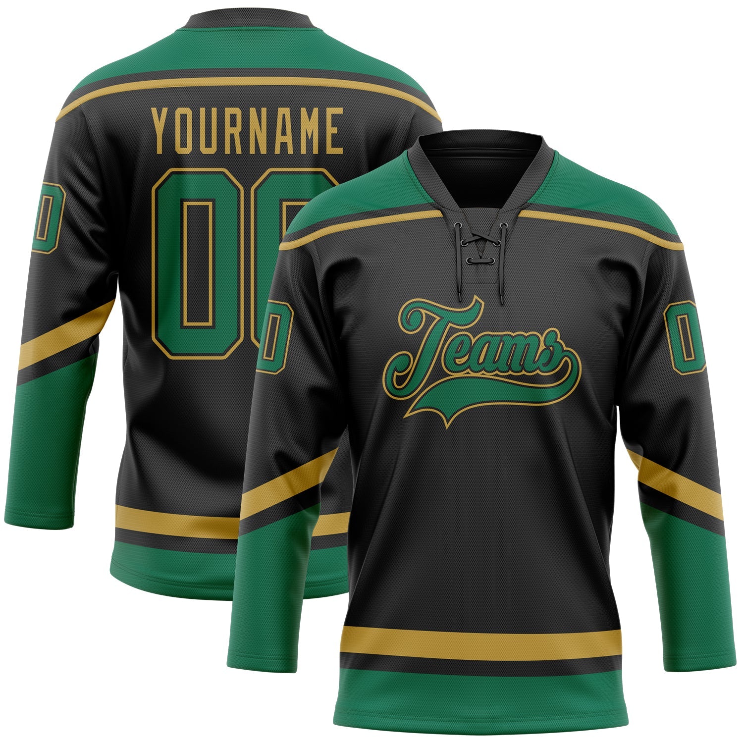 Custom Black Kelly Green-Old Gold Hockey Lace Neck Jersey - Main View
