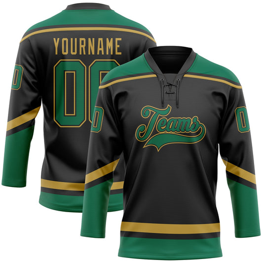 Custom Black Kelly Green-Old Gold Hockey Lace Neck Jersey - Main View