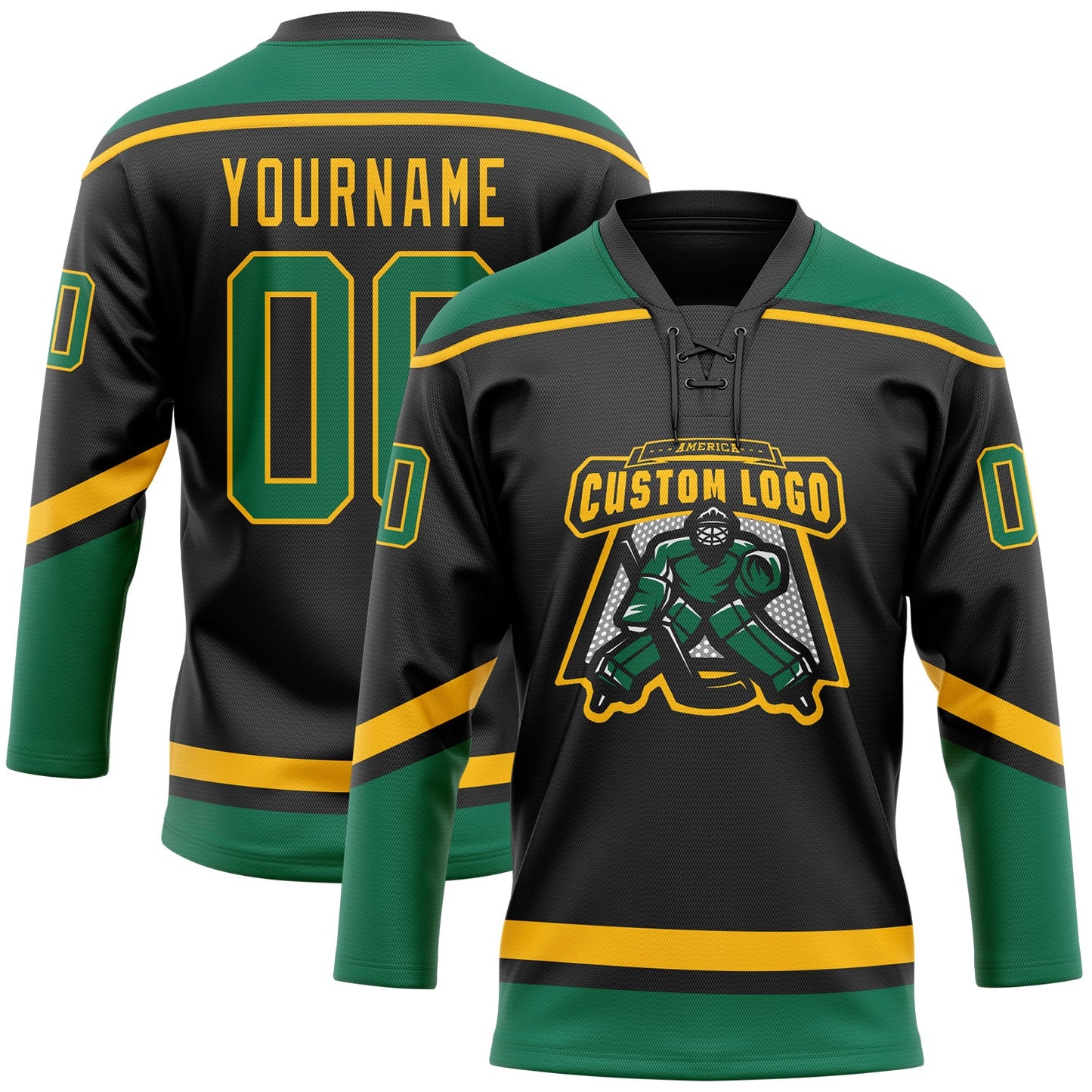 Custom Black Kelly Green-Gold Hockey Lace Neck Jersey view 2