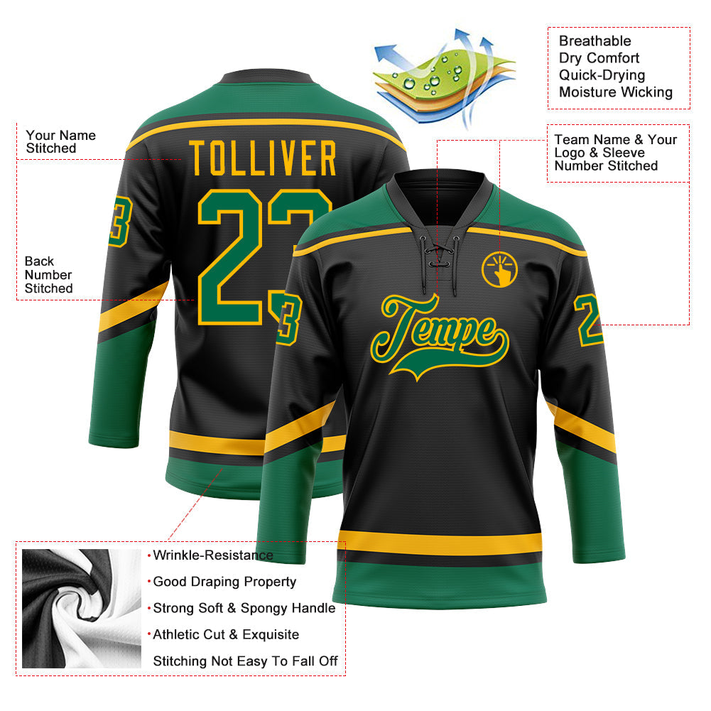 Custom Black Kelly Green-Gold Hockey Lace Neck Jersey view 3