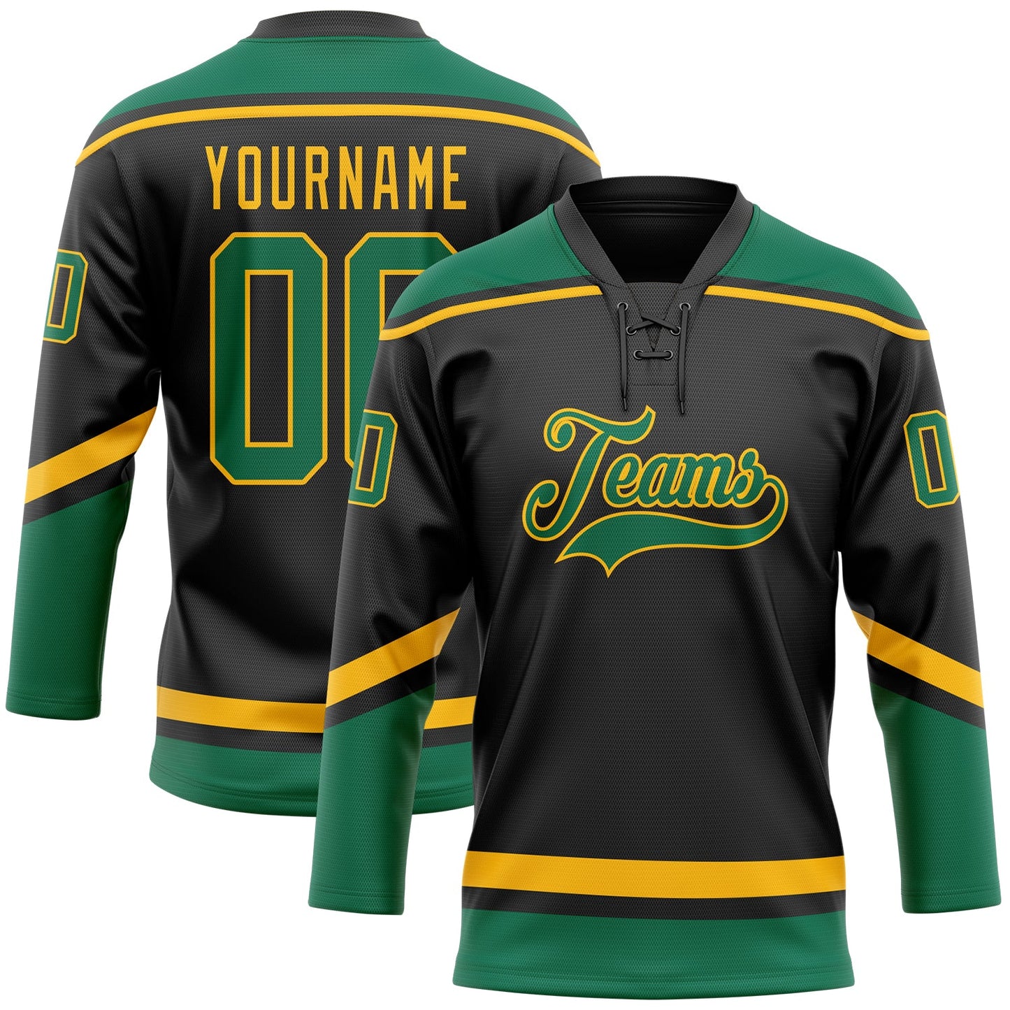 Custom Black Kelly Green-Gold Hockey Lace Neck Jersey - Main View