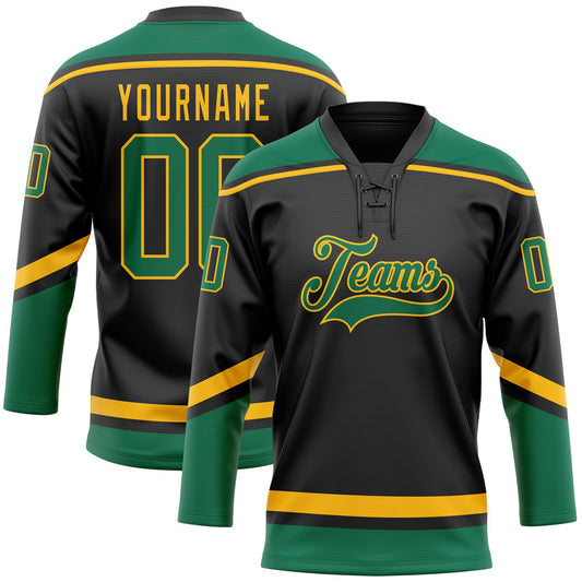 Custom Black Kelly Green-Gold Hockey Lace Neck Jersey - Main View