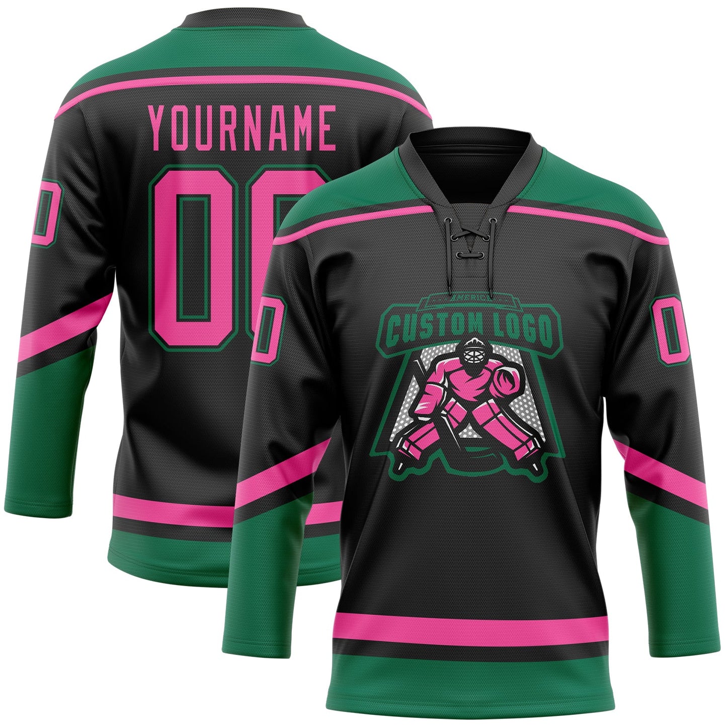Custom Black Pink-Kelly Green Hockey Lace Neck Jersey view 2