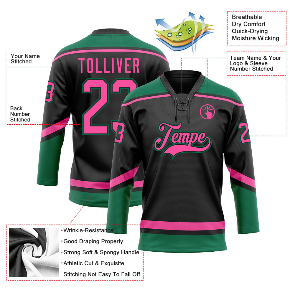 Custom Black Pink-Kelly Green Hockey Lace Neck Jersey view 3