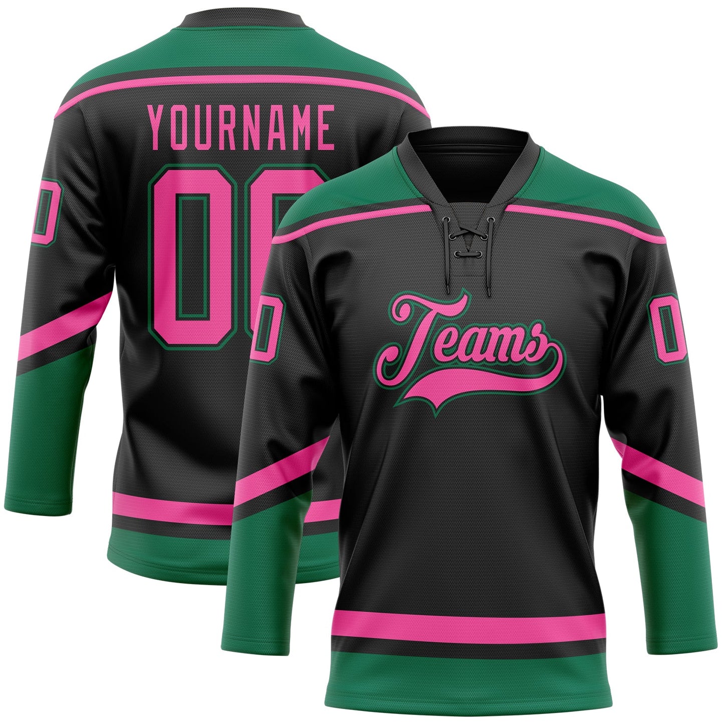 Custom Black Pink-Kelly Green Hockey Lace Neck Jersey - Main View