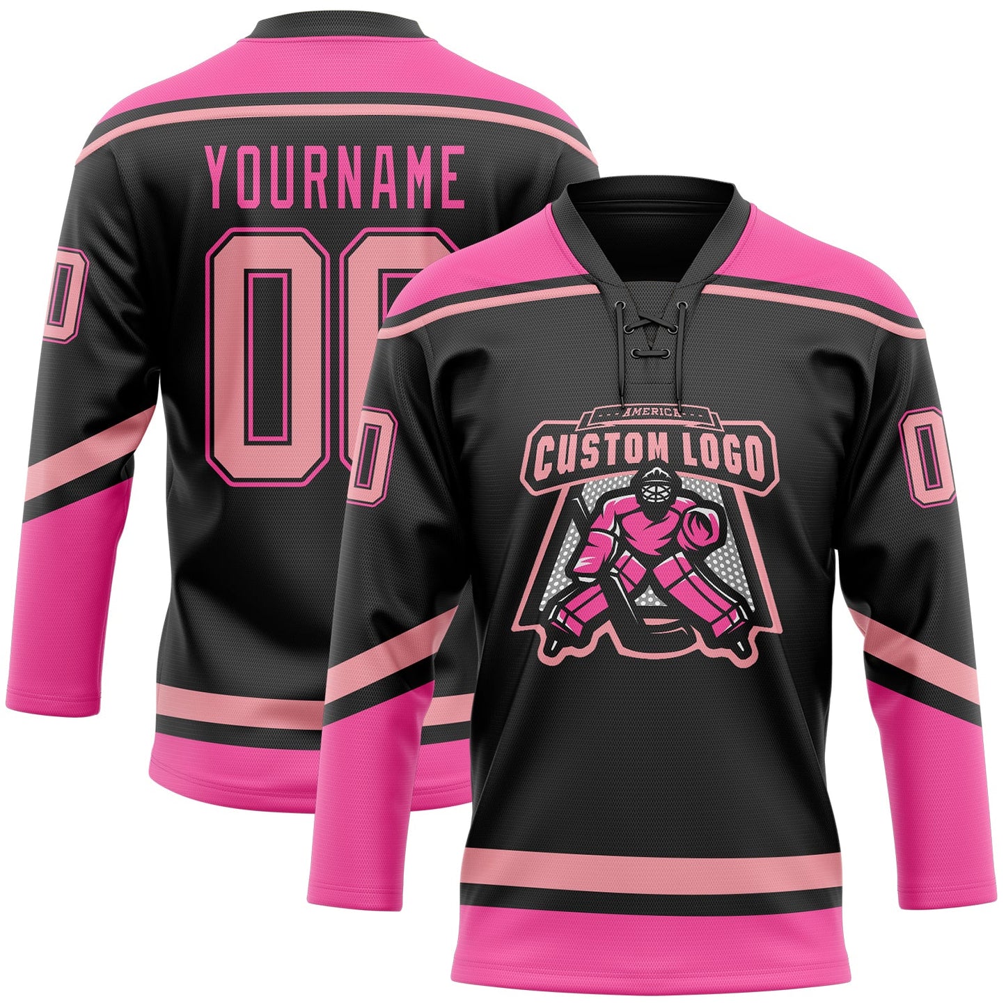 Custom Black Medium Pink-Pink Hockey Lace Neck Jersey view 2