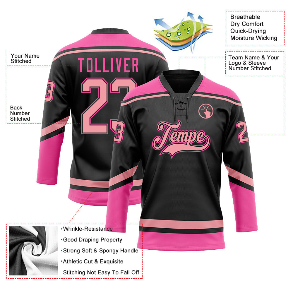 Custom Black Medium Pink-Pink Hockey Lace Neck Jersey view 3