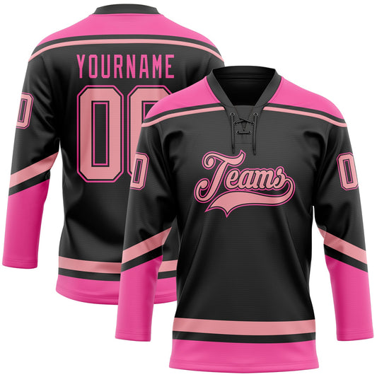Custom Black Medium Pink-Pink Hockey Lace Neck Jersey - Main View