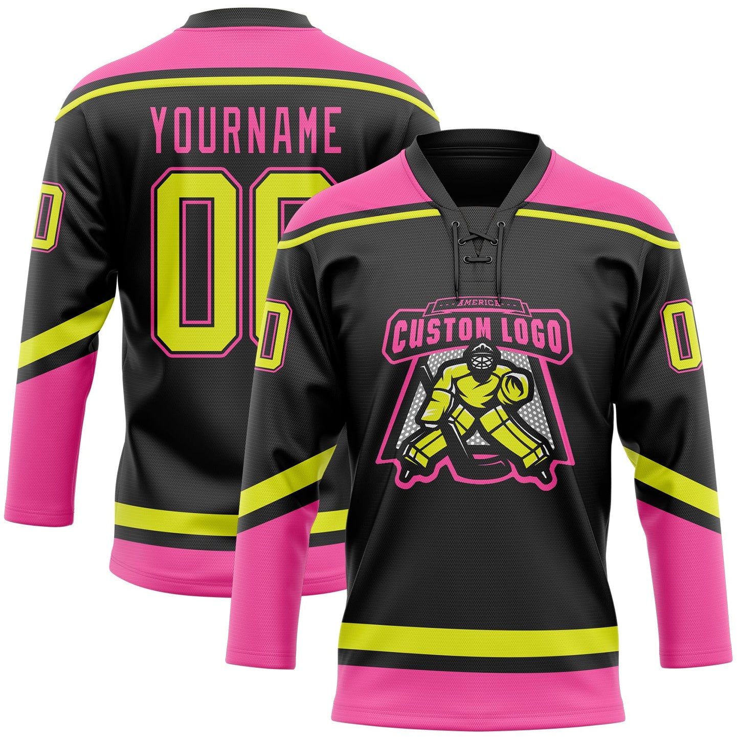 Custom Black Neon Yellow-Pink Hockey Lace Neck Jersey view 2