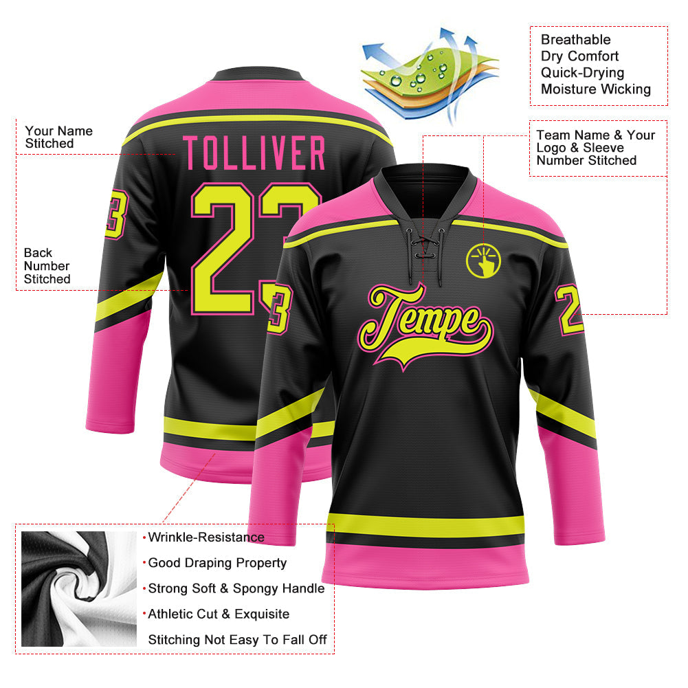 Custom Black Neon Yellow-Pink Hockey Lace Neck Jersey view 3