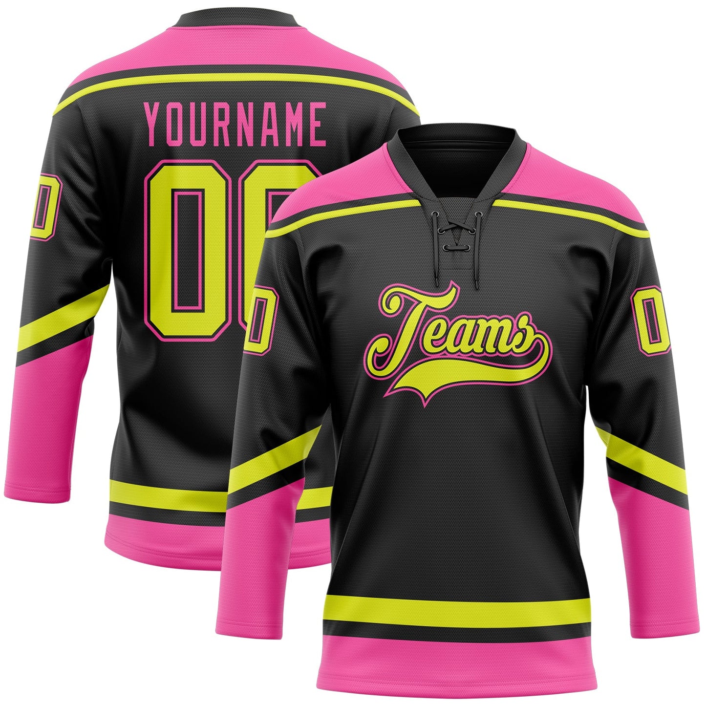 Custom Black Neon Yellow-Pink Hockey Lace Neck Jersey - Main View