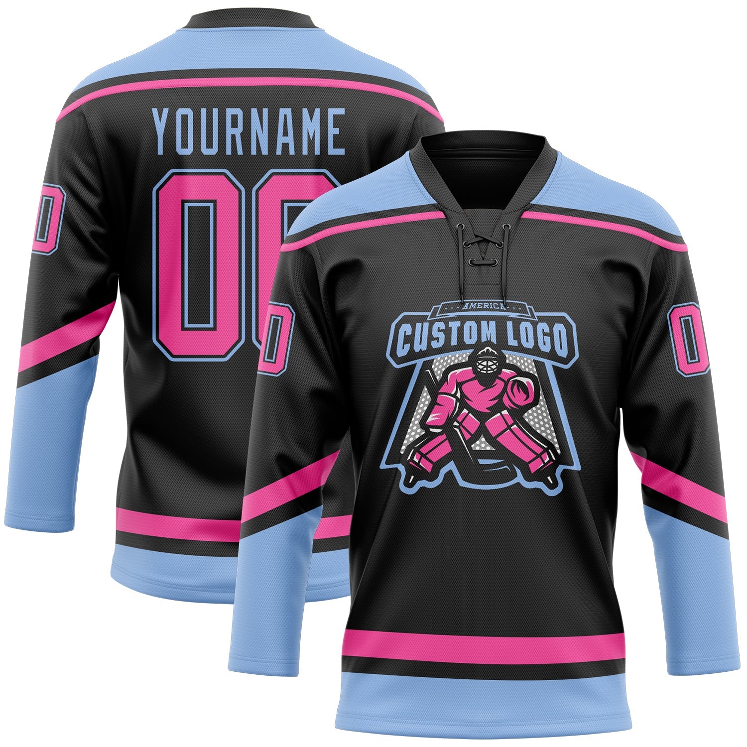 Custom Black Pink-Light Blue Hockey Lace Neck Jersey view 2
