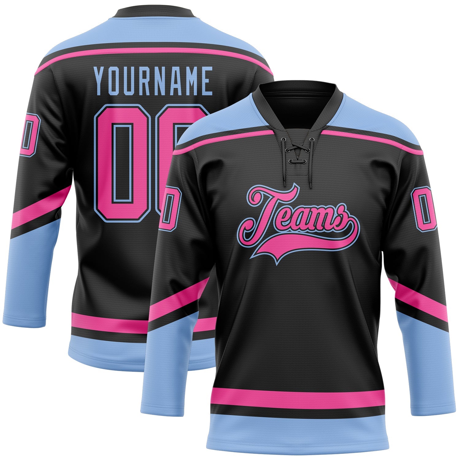 Custom Black Pink-Light Blue Hockey Lace Neck Jersey - Main View