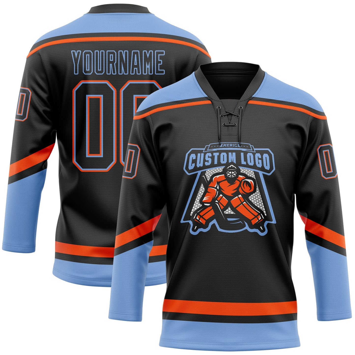 Custom Black Powder Blue-Orange Hockey Lace Neck Jersey view 2