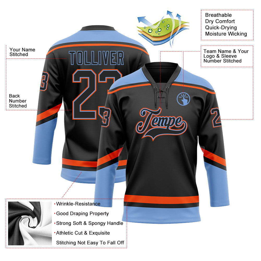 Custom Black Powder Blue-Orange Hockey Lace Neck Jersey view 3